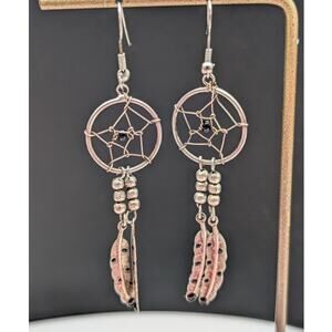Silver Tone Dream Catcher Feather Dangle Hoop Earrings
